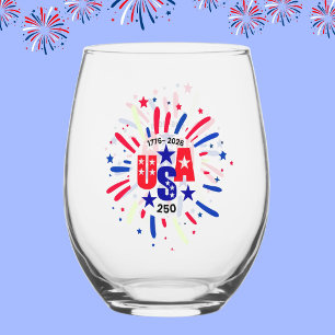 USA 250 Birthday Patriotic Red White Blue Firework Stemless Wine Glass