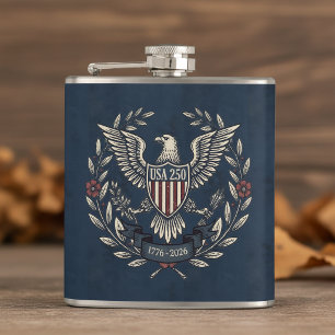 USA 250 Patriotic Eagle Heritage Motif Navy ID1299 Hip Flask
