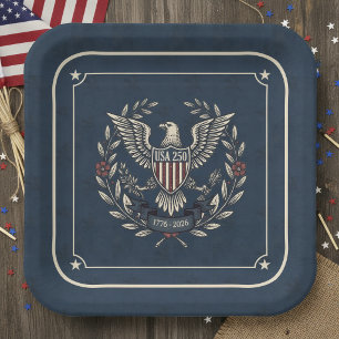 USA 250 Patriotic Eagle Heritage Motif Navy ID1299 Paper Plate