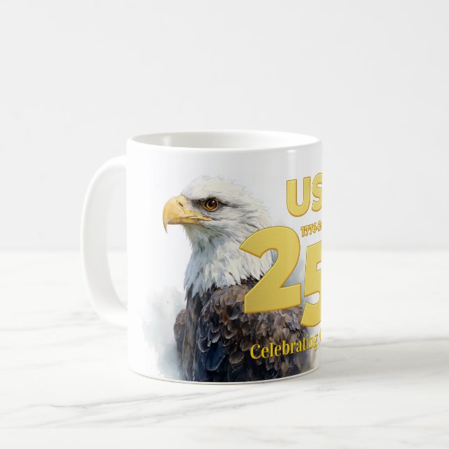 USA 250: Watercolor Bald Eagle & Gold Coffee Mug (Front Left)