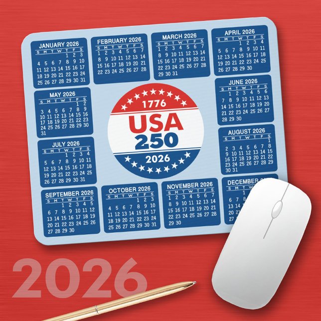 USA 250 with 2026 Calendar - Red White Blue Mouse Mat (2026 Calendar on a Mousepad)