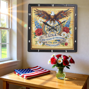 USA 250 Years Freedom Floral Square Wall Clock