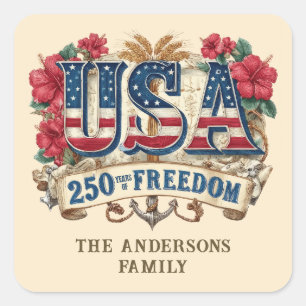 USA 250 Years Of Freedom Personalised Family Name Square Sticker