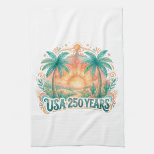 USA 250 Years Palm Trees Patriotic Desert Sunrise Tea Towel