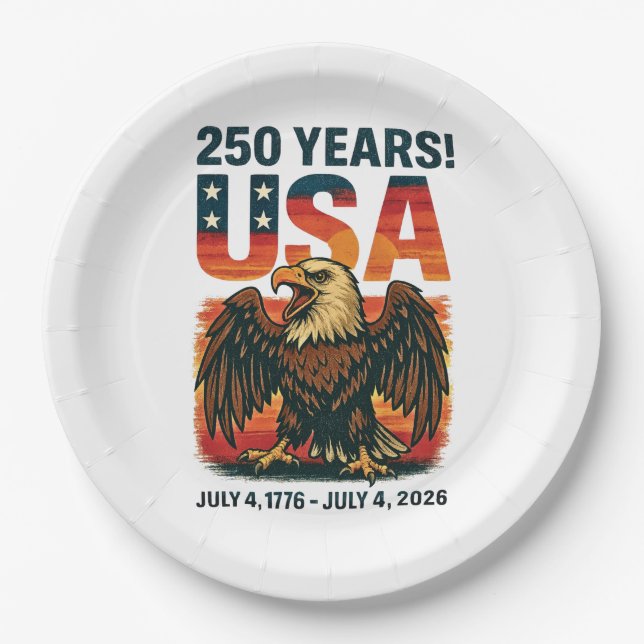 USA 250 Years – Patriotic Bald Eagle July 4th 2026 Paper Plate (Front)