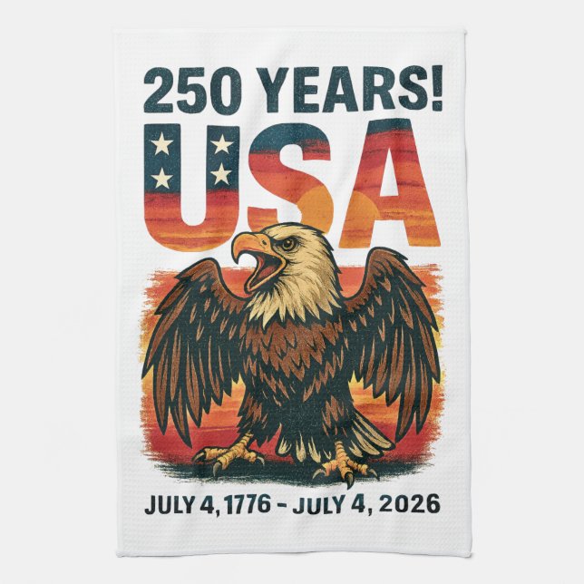USA 250 Years – Patriotic Bald Eagle July 4th 2026 Tea Towel (Vertical)