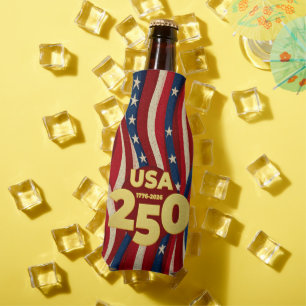 USA 250 Years Patriotic Red White Blue with Gold Bottle Cooler