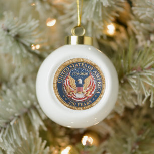 USA 250th 1776-2026 American Flag Eagle Vintage Ceramic Ball Christmas Ornament