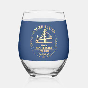 USA 250th Anniversary Golden Gate Gold design Stemless Wine Glass
