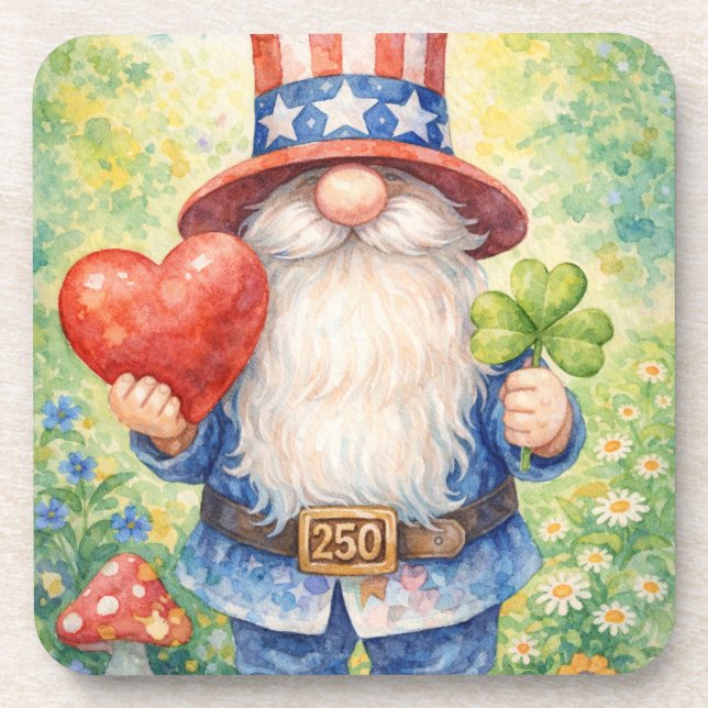 USA 250th Anniversary Patriotic Gnome Heart Shamro Coaster (Front)