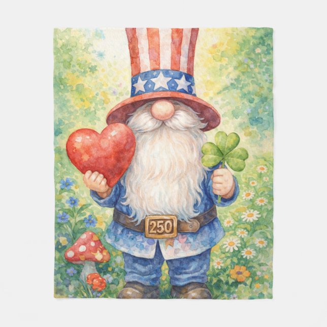 USA 250th Anniversary Patriotic Gnome Heart Shamro Fleece Blanket (Front)