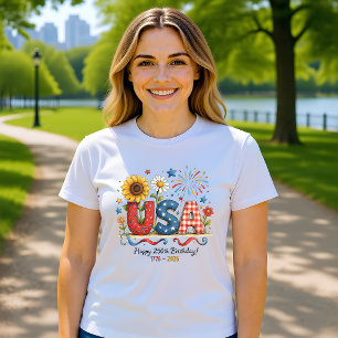 USA 250th Birthday Floral Patriotic Graphic T-Shirt