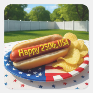 USA 250th Birthday Hot Dog Square Sticker