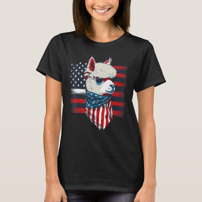 USA 4th Of July Llama on Patriotic American Alpaca T-Shirt (Front)