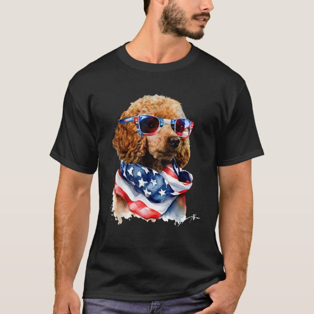 USA 4th of July Patrotic Funny Cute Poodle Dog Lov T-Shirt (Front)