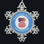 USA African American Angel Hanukkah Flag Personal Snowflake Pewter Christmas Ornament<br><div class="desc">An African American, or Black American, angel dressed in the red, white, and blue flag of the United States of America on this snowflake pewter ornament for holiday decorating or Hanukkah decor. The African American, or Black American, USA Flag Hanukkah angel is inside a white circle of squiggly squares. Background...</div>
