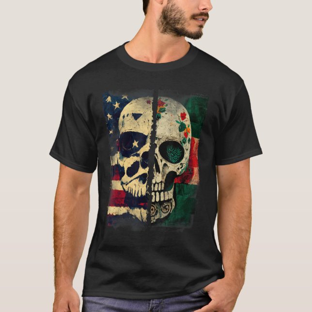 Usa America Flag Mexican Mexico Flag Skull Roots 3 T-Shirt (Front)