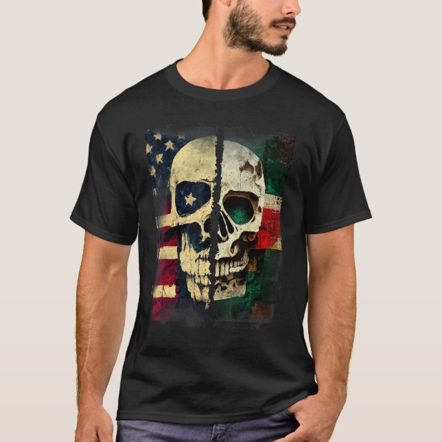 Usa America Flag Mexican Mexico Flag Skull Roots T-Shirt (Front)