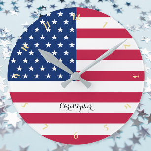 USA America Flag Patriotic Home Office Decor Name Round Clock