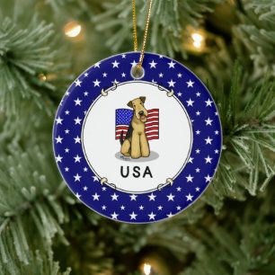 USA American Flag Airedale Terrier Dog - Cute Ceramic Tree Decoration