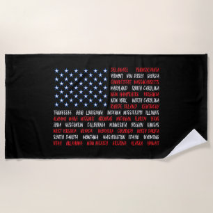 USA American Flag All 50 State Names Beach Towel