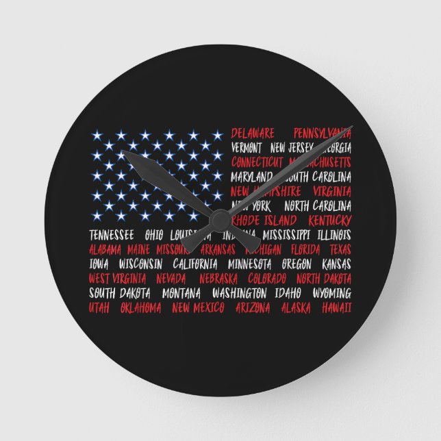 USA American Flag All 50 State Names Round Clock (Front)