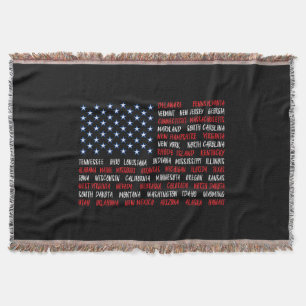 USA American Flag All 50 State Names Throw Blanket
