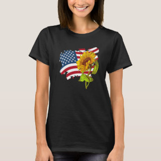 USA American Flag And Sunflower casual Graphic T-Shirt