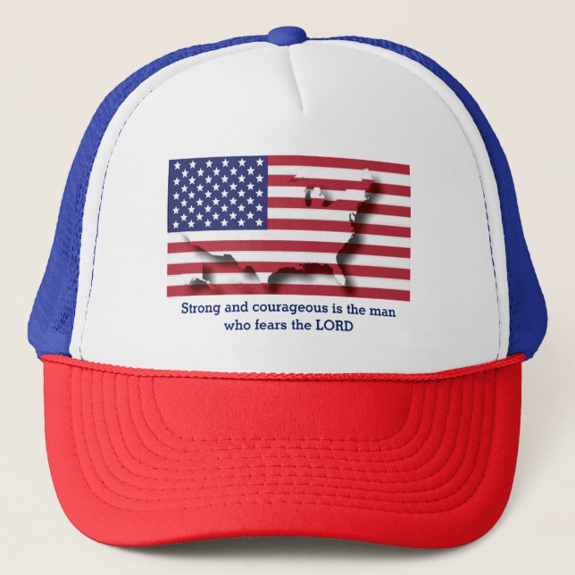 USA AMERICAN Flag Christian Scripture Personalised Trucker Hat (Front)