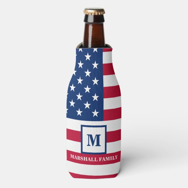 USA American Flag Customised Monogram 4th Of July Bottle Cooler (Bottle Front)