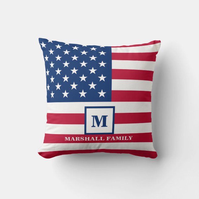 USA American Flag Customised Monogram 4th Of July Cushion (Front)