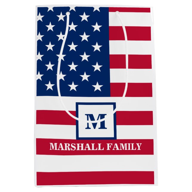 USA American Flag Customised Monogram 4th Of July Medium Gift Bag (Front)
