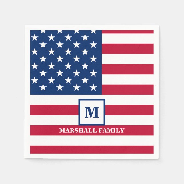 USA American Flag Customised Monogram 4th Of July Napkin (Front)