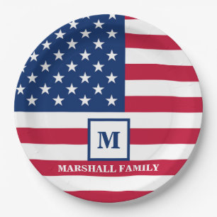 USA American Flag Customised Monogram 4th Of July Paper Plate