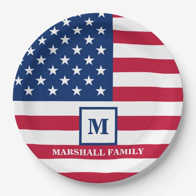 USA American Flag Customised Monogram 4th Of July Paper Plate (Front)