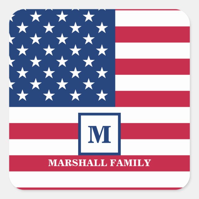 USA American Flag Customised Monogram 4th Of July Square Sticker (Front)