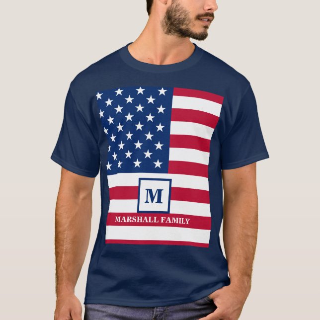 USA American Flag Customised Monogram 4th Of July T-Shirt (Front)