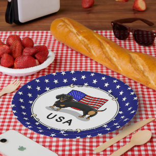 USA American Flag Dachshund Dachsie (black & tan) Paper Plate