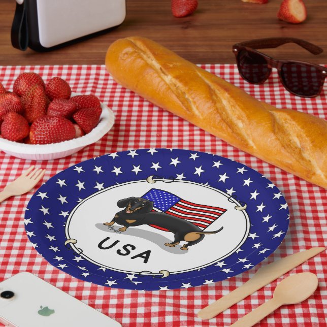 USA American Flag Dachshund Dachsie (black & tan) Paper Plate (Picnic)