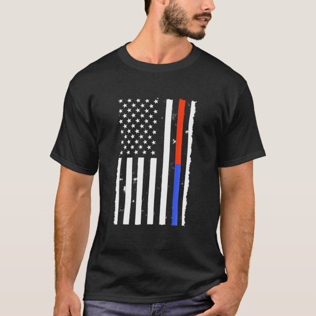 USA American Flag Firefighter Thin Red Blue Line P T-Shirt (Front)