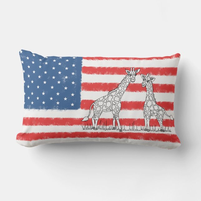 USA American Flag Giraffe Conservation Doodle Lumbar Cushion (Front)
