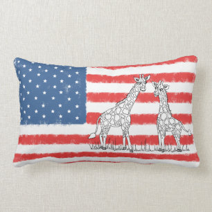 USA American Flag Giraffe Conservation Doodle Lumbar Cushion