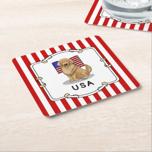 USA American Flag Golden Retriever Dog Patriotic Square Paper Coaster