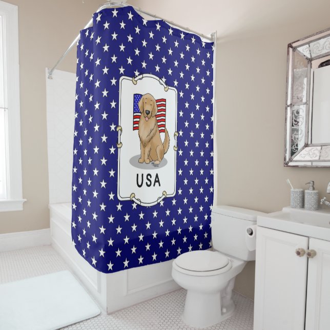 USA American Flag Golden Retriever Dog Shower Curtain (In Situ)