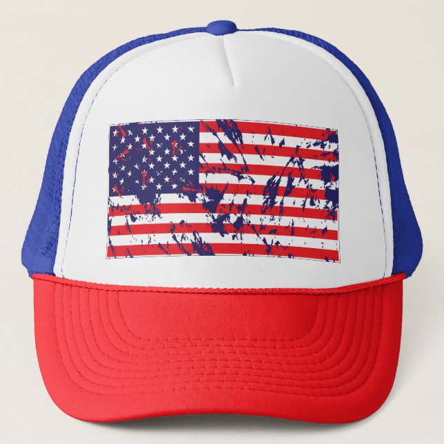 USA - American Flag in a Distressed Pattern Trucker Hat (Front)