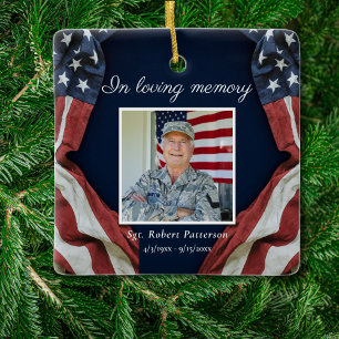 USA American Flag In Loving Memory Photo Memorial Ceramic Ornament
