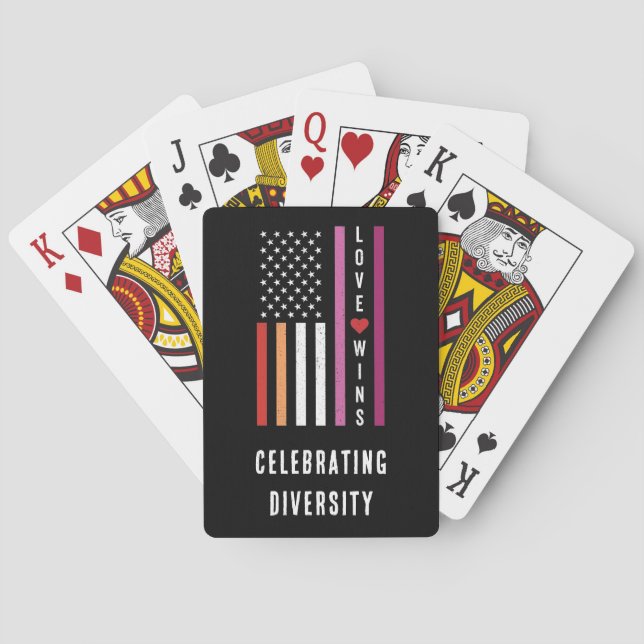USA American Flag Love Wins LGBTQ Lesbian Pride Playing Cards (Back)