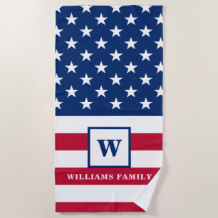 USA American Flag Monogram Family Name 4th Of July Beach Towel