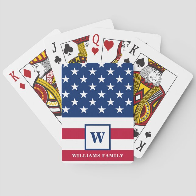 USA American Flag Monogram Family Name 4th Of July Playing Cards (Back)