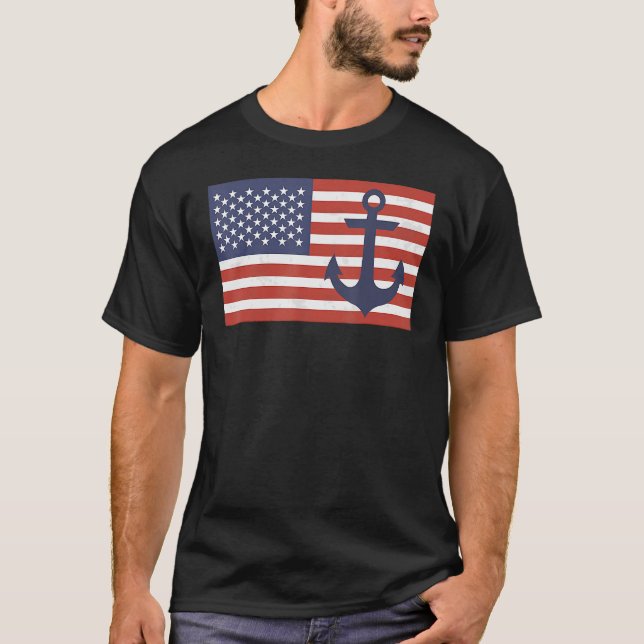 Usa American Flag Nautical Blue Anchor Patriotic T-Shirt (Front)